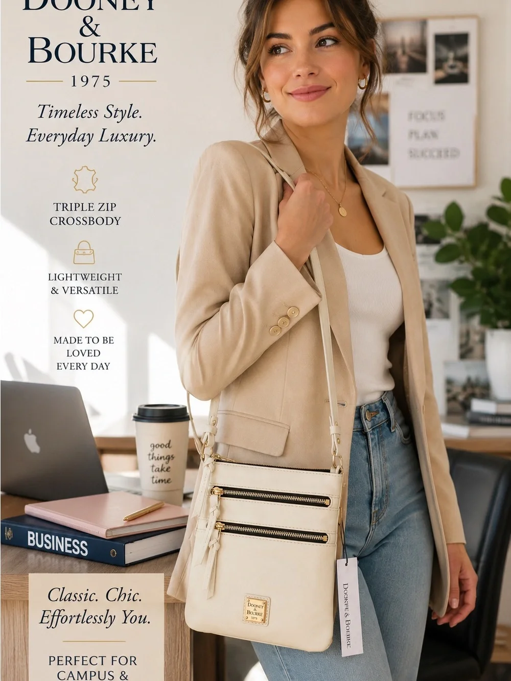 Dooney & Bourke Cream Triple-Zip Leather Crossbody